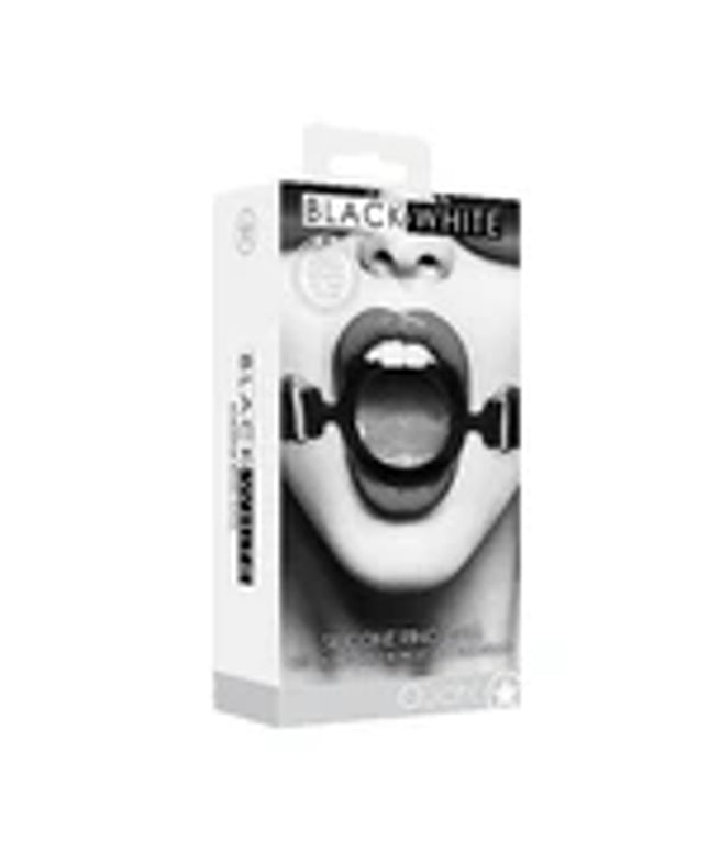 Ouch! Black & White Silicone Ring Gag With Adjustable Bonded Leather Straps Black