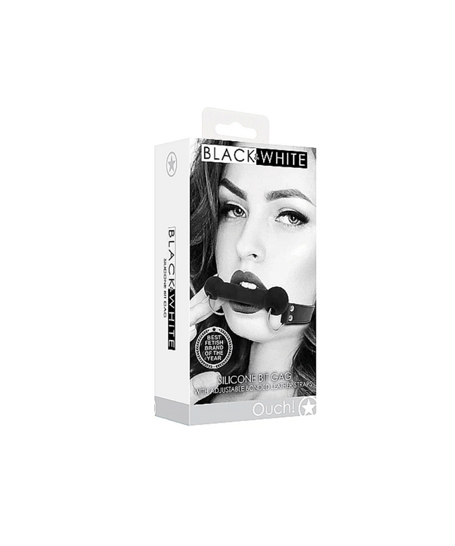 Ouch! Black & White Silicone Bit Gag With Adjustable Bonded Leather Straps Black