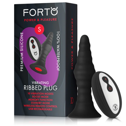 Forto Vibrating Ribbed Plug Rechargeable Remote-Controlled Silicone Anal Plug Small Black