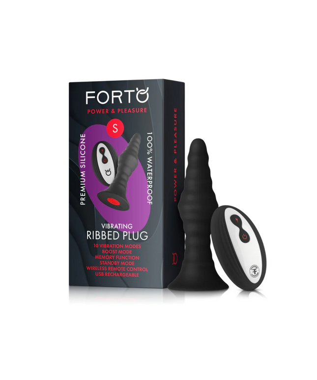Forto Vibrating Ribbed Plug Rechargeable Remote-Controlled Silicone Anal Plug Small Black