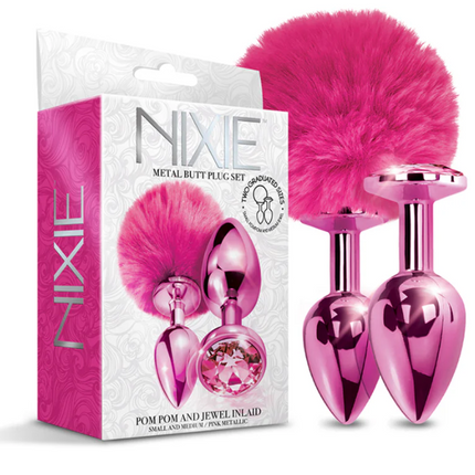 NIXIE Metal Butt Plug Set Pom Pom and Jewel-Inlaid Metallic Pink