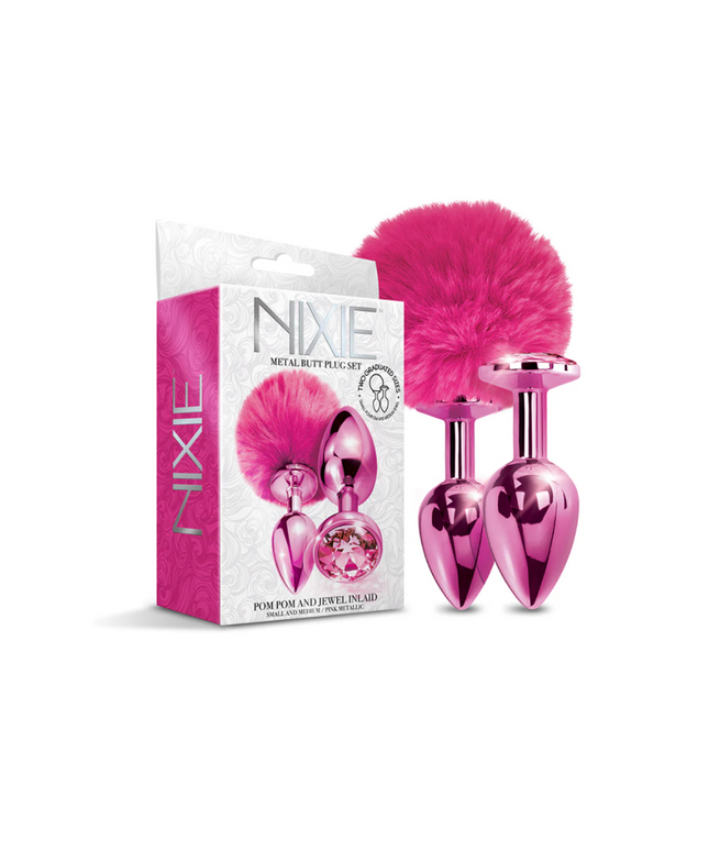 NIXIE Metal Butt Plug Set Pom Pom and Jewel-Inlaid Metallic Pink