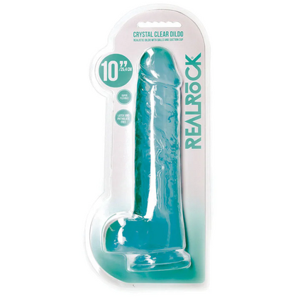 RealRock Crystal Clear Realistic 10 in. Dildo With Balls and Suction Cup Turquoise