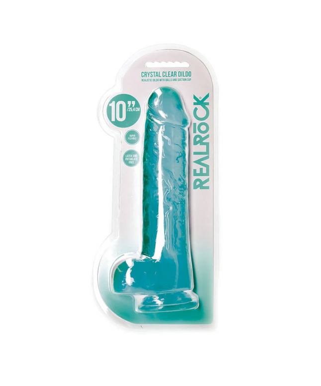 RealRock Crystal Clear Realistic 10 in. Dildo With Balls and Suction Cup Turquoise