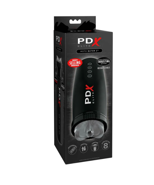 PDX Elite Motobator 2 Rechargeable Thrusting Vibrating Masturbator Clear/Black