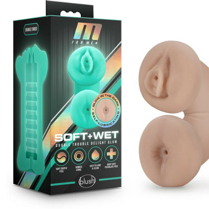 M for Men Soft + Wet Double Trouble Glow in the Dark Self-Lubricating Stroker Beige