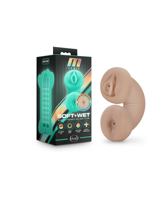 M for Men Soft + Wet Double Trouble Glow in the Dark Self-Lubricating Stroker Beige