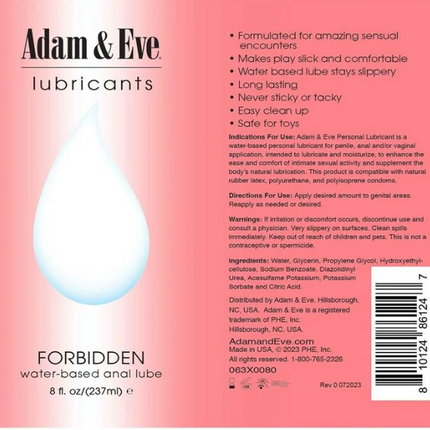 Adam & Eve Forbidden Water-Based Anal Lubricant 8 oz.