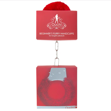 Ouch! Beginner's Furry Handcuffs With Quick-Release Red