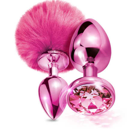 NIXIE Metal Butt Plug Set Pom Pom and Jewel-Inlaid Metallic Pink
