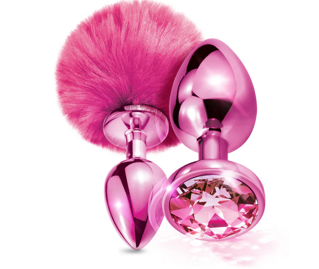 NIXIE Metal Butt Plug Set Pom Pom and Jewel-Inlaid Metallic Pink