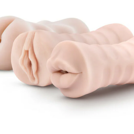 M for Men Soft + Wet Self-Lubricating 3-Pack Vibrating Stroker Sleeve Kit Beige