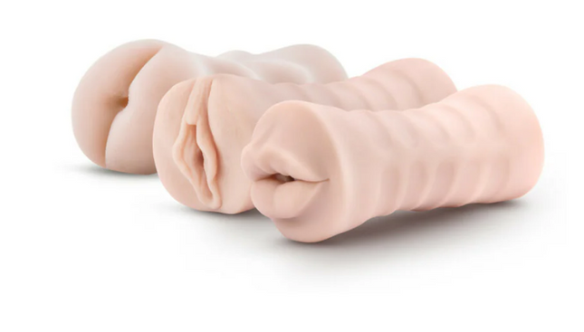 M for Men Soft + Wet Self-Lubricating 3-Pack Vibrating Stroker Sleeve Kit Beige