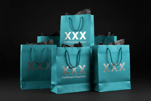 make the bags aqua blue add the lettering Fulfillment Emporium under the XXX